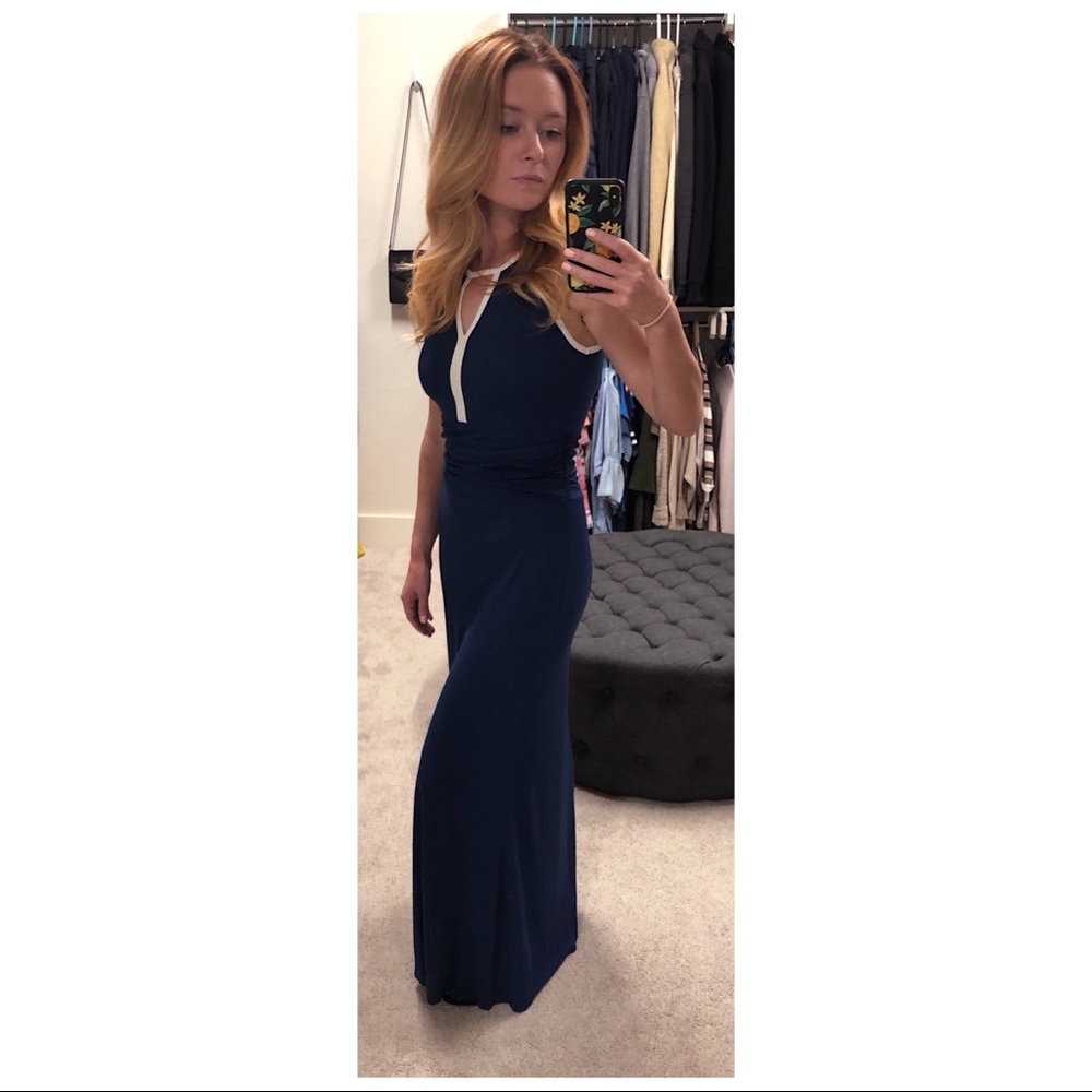 Venus Navy Blue with White Accent Trim Maxi Dress
